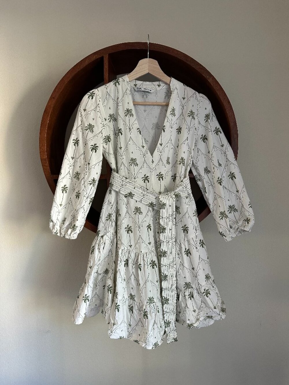 Zara ZW Collection Palm Tree Print Belted Mini Dress Ivory Green Size S
